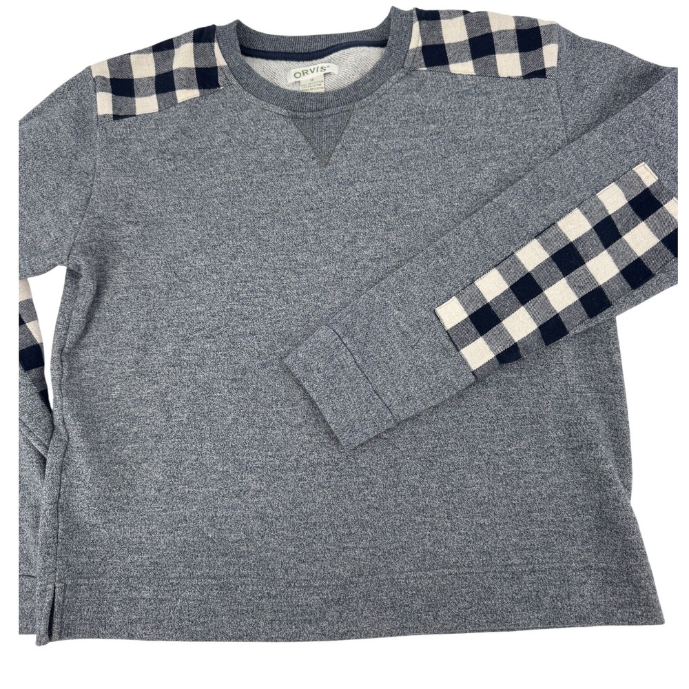 Orvis‎ Women's Sweatshirt Medium Gray Plaid Shoulder Sleeve Patch Sweater
